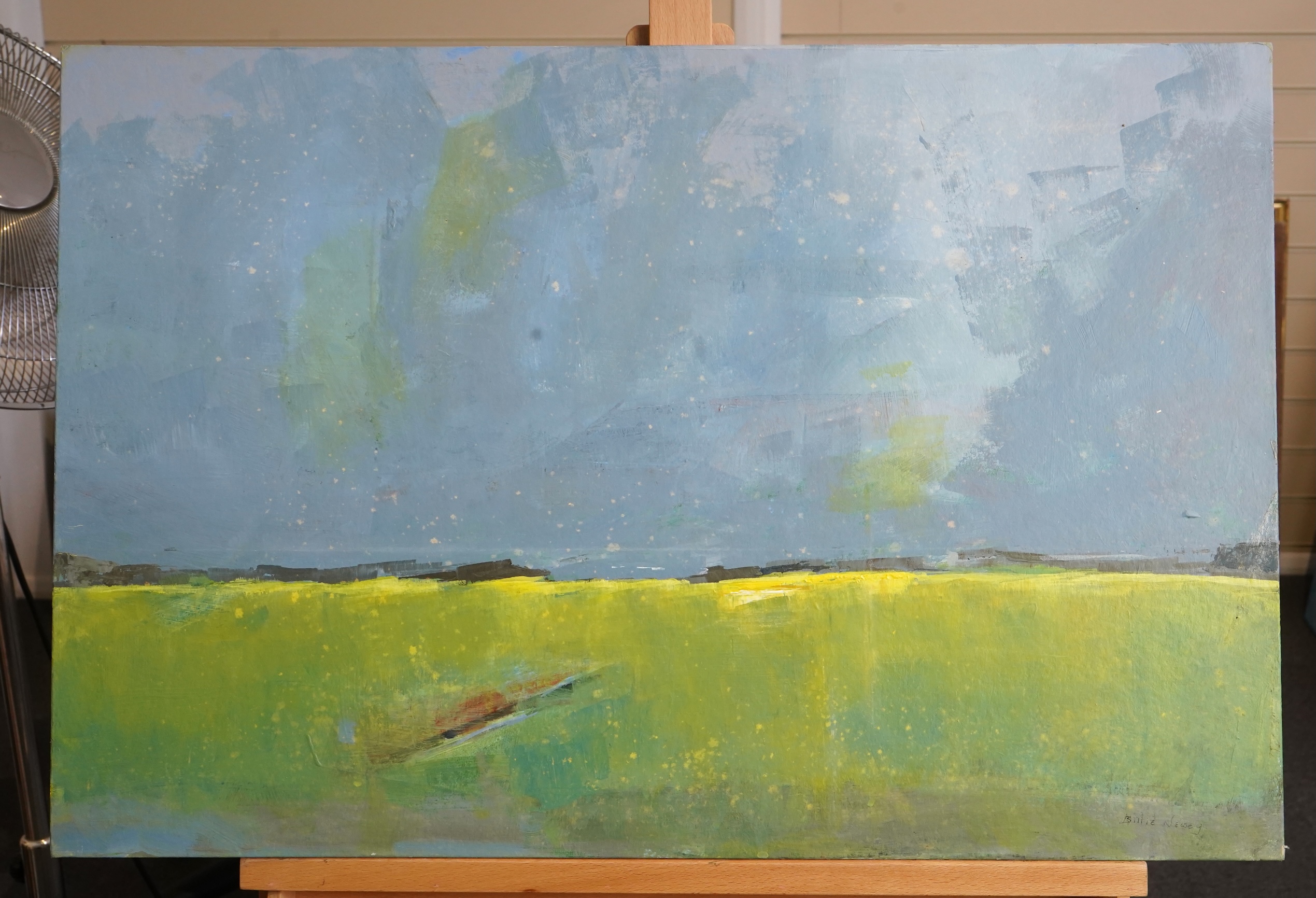 Billie Newey (contemporary), Abstract landscapes, two oils on board, unsigned, unframed, largest 61 x 75cm